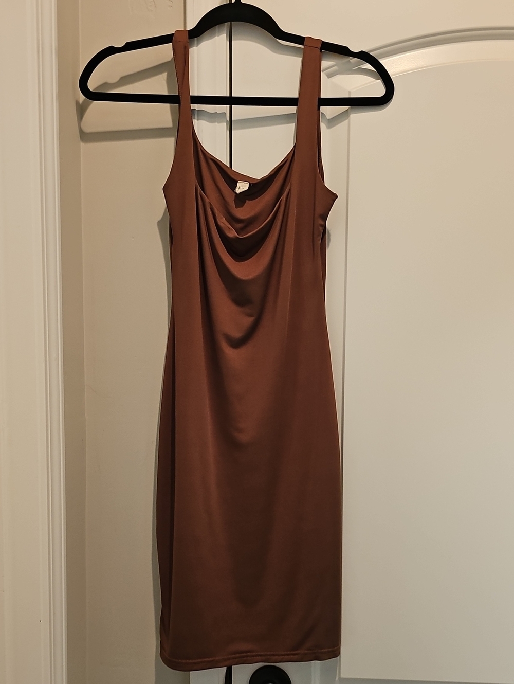Satin Cowl Midi Dress in Brown